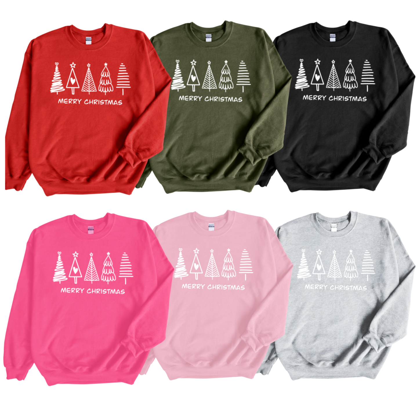 Christmas Trees in white print collage of sweatshirts