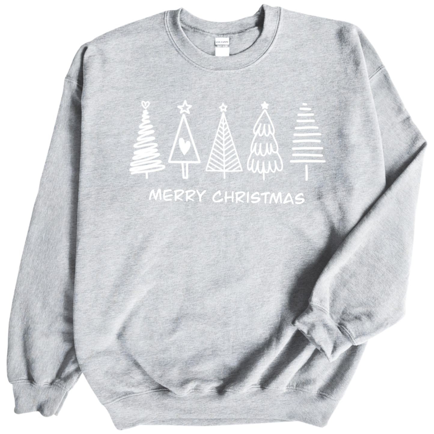 Christmas Trees in white print on Grey Crewneck