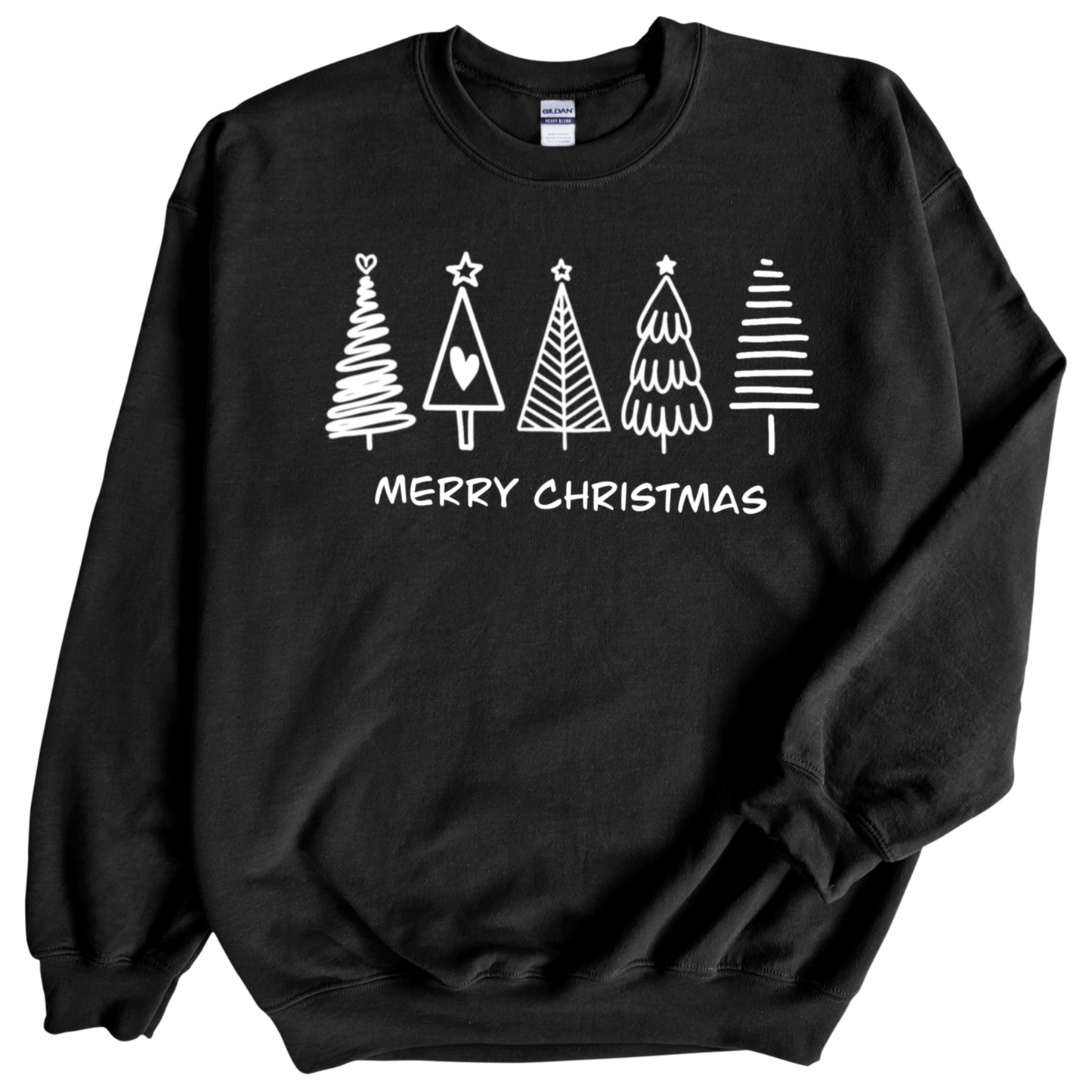 Christmas Trees in white print on Black Crewneck