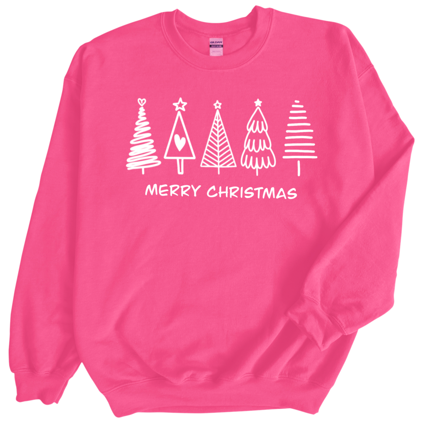 Christmas Trees in white print on Heliconia Crewneck