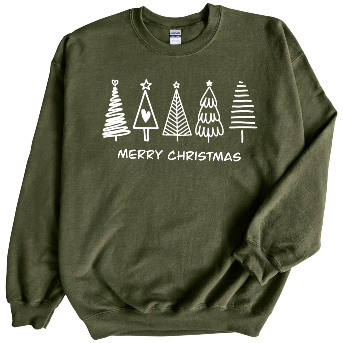 Christmas Trees in white print on Military Green Crewneck