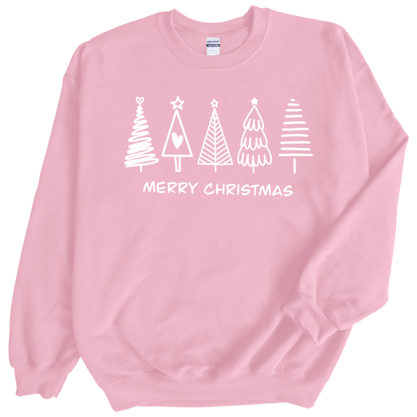 Christmas Trees in white print on Pink Crewneck