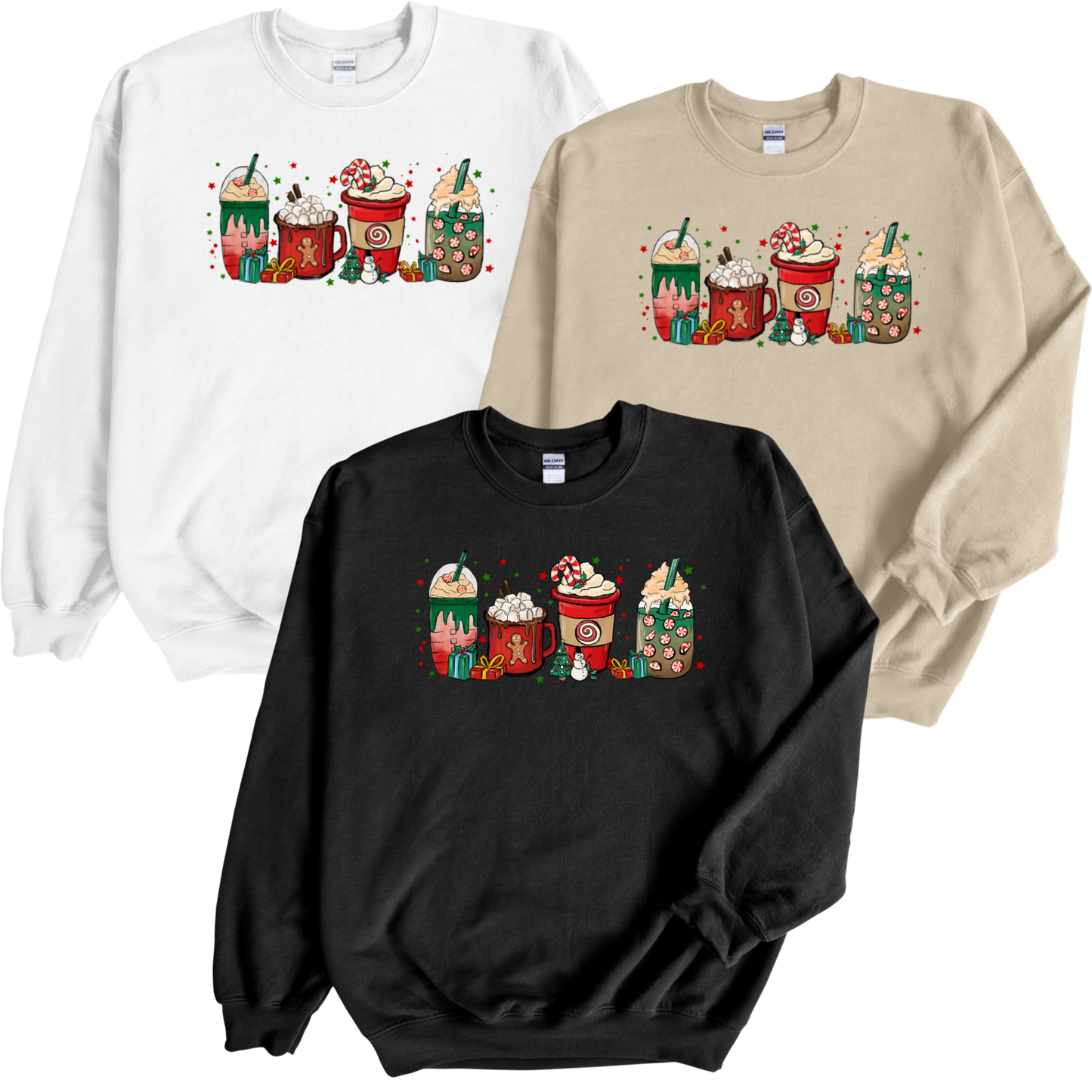 Christmas cups printed crewnecks available in three colors White, Black and Sand color
