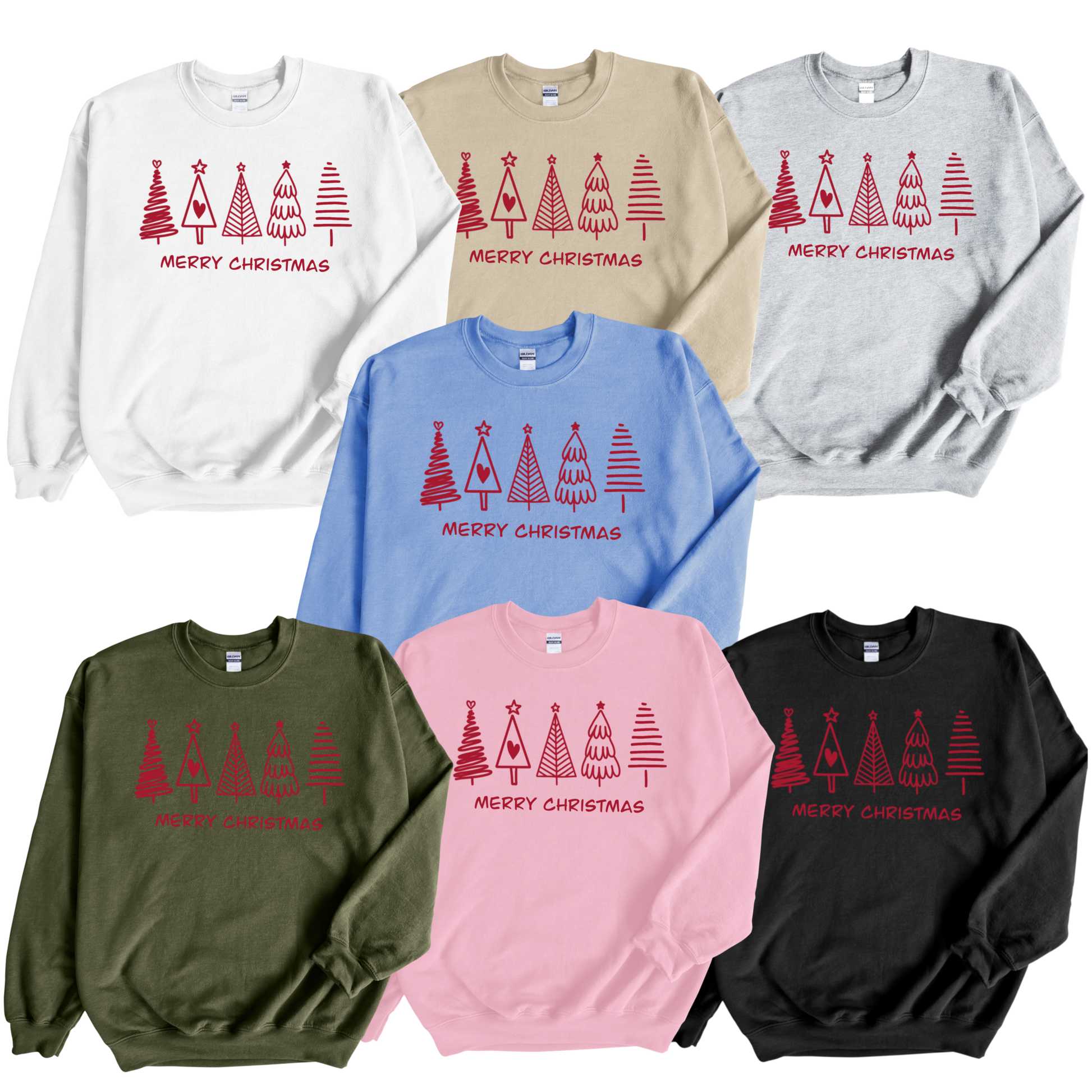 Christmas trees print in red color collage of crewnecks