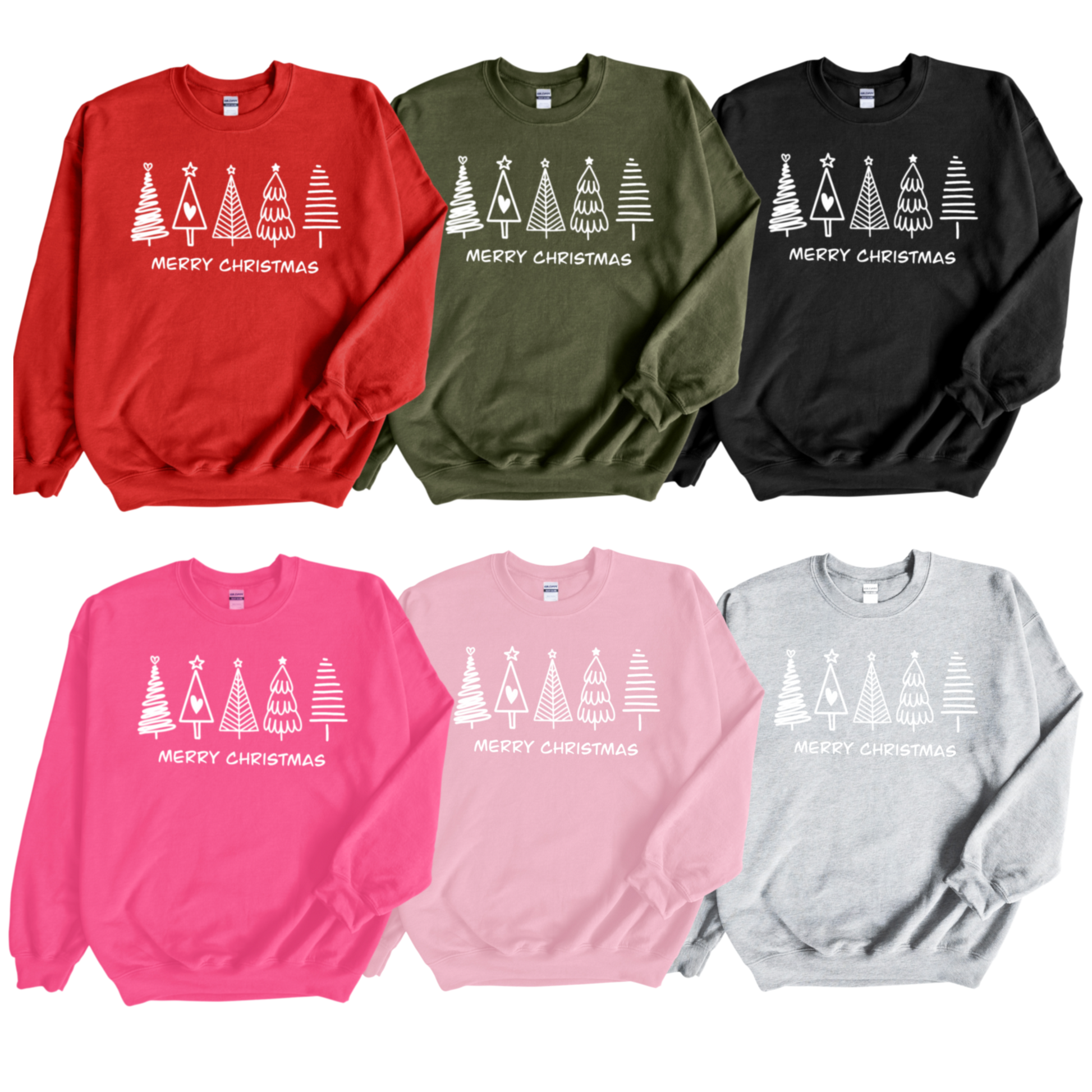 Christmas Trees in white print collage of sweatshirts