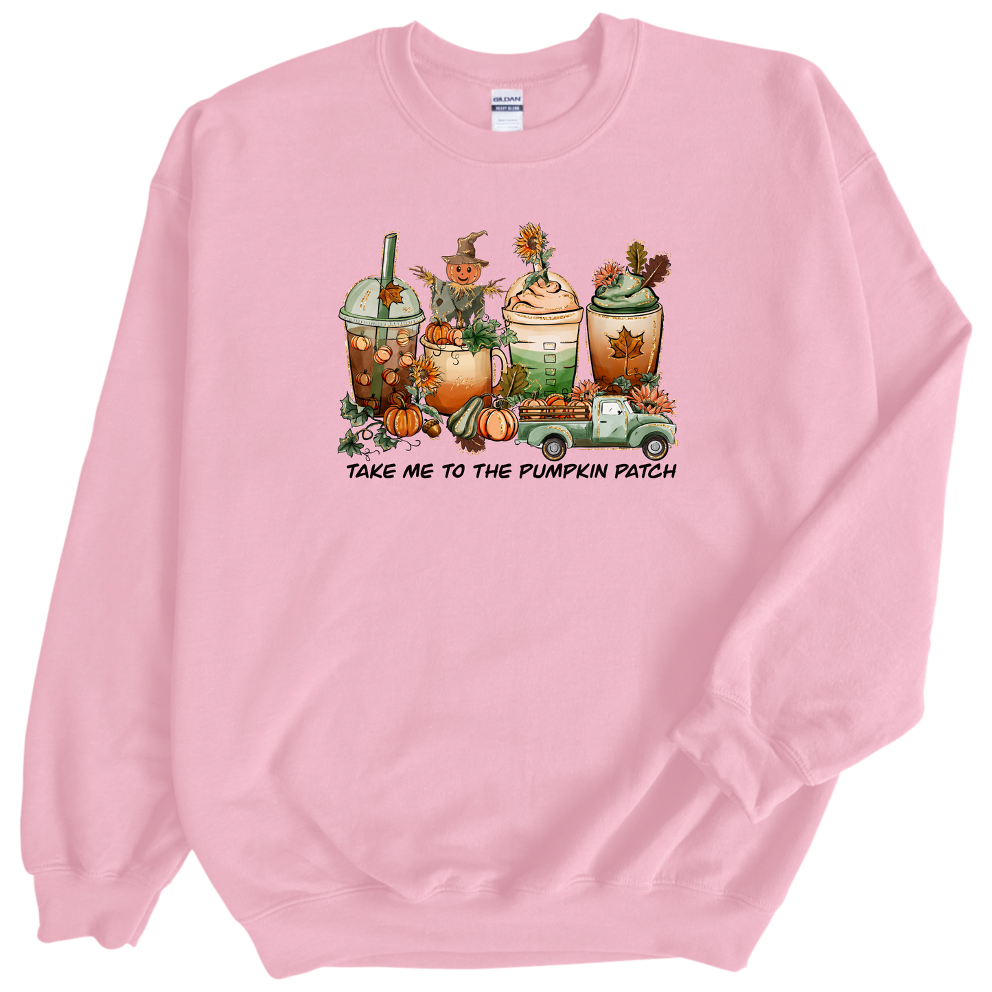 Fall cups printed on pink crewneck