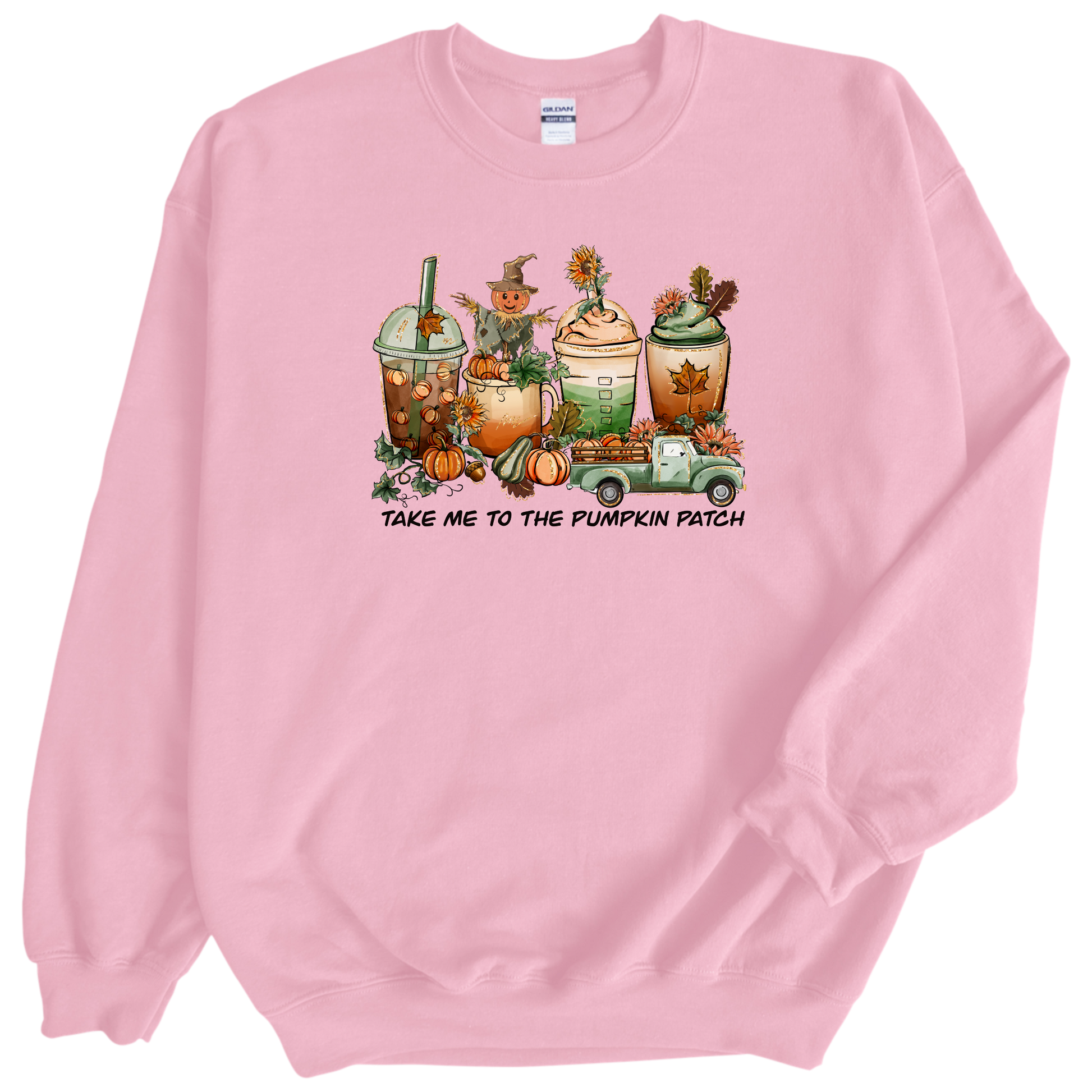 Fall cups printed on pink crewneck