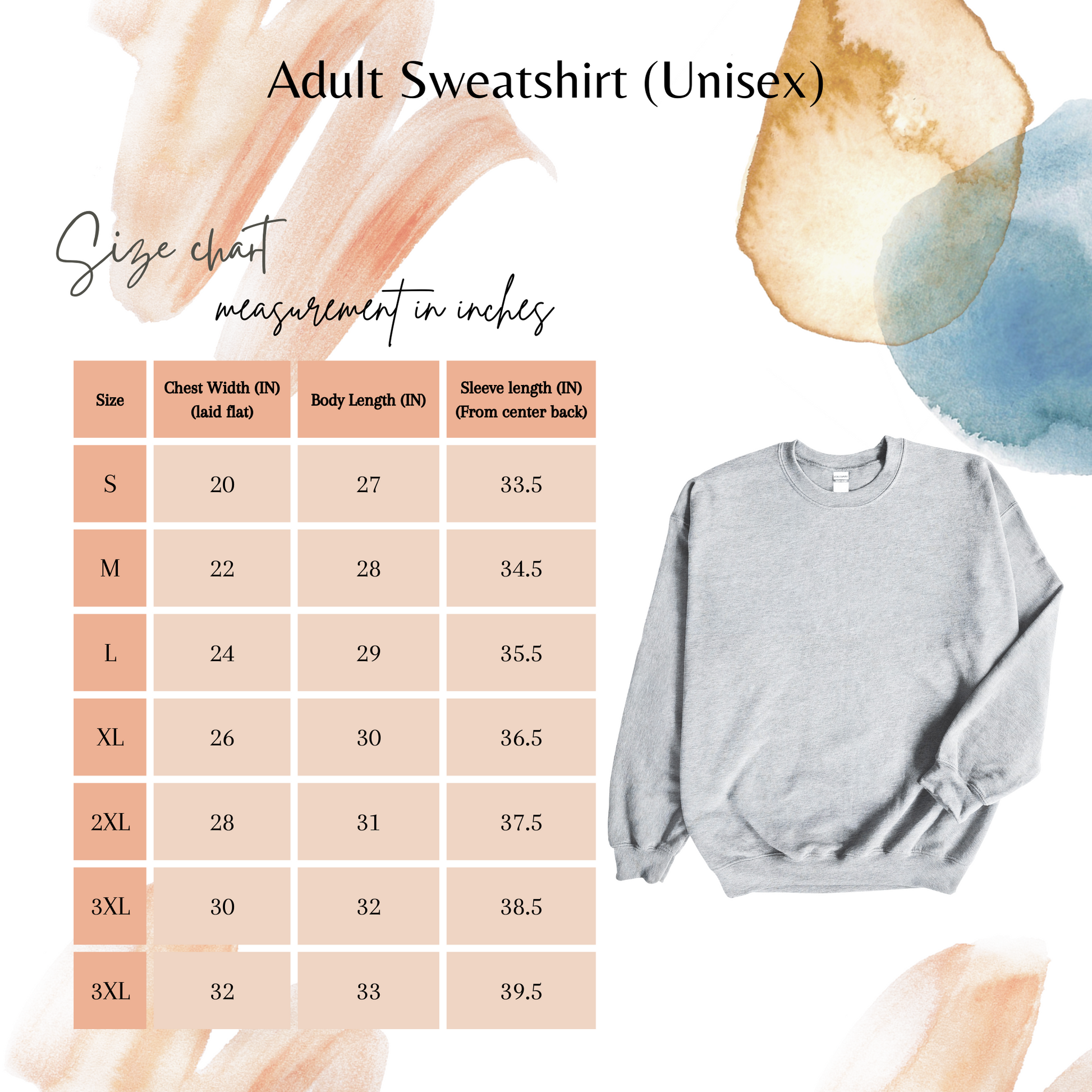 Sweatshirt size chart