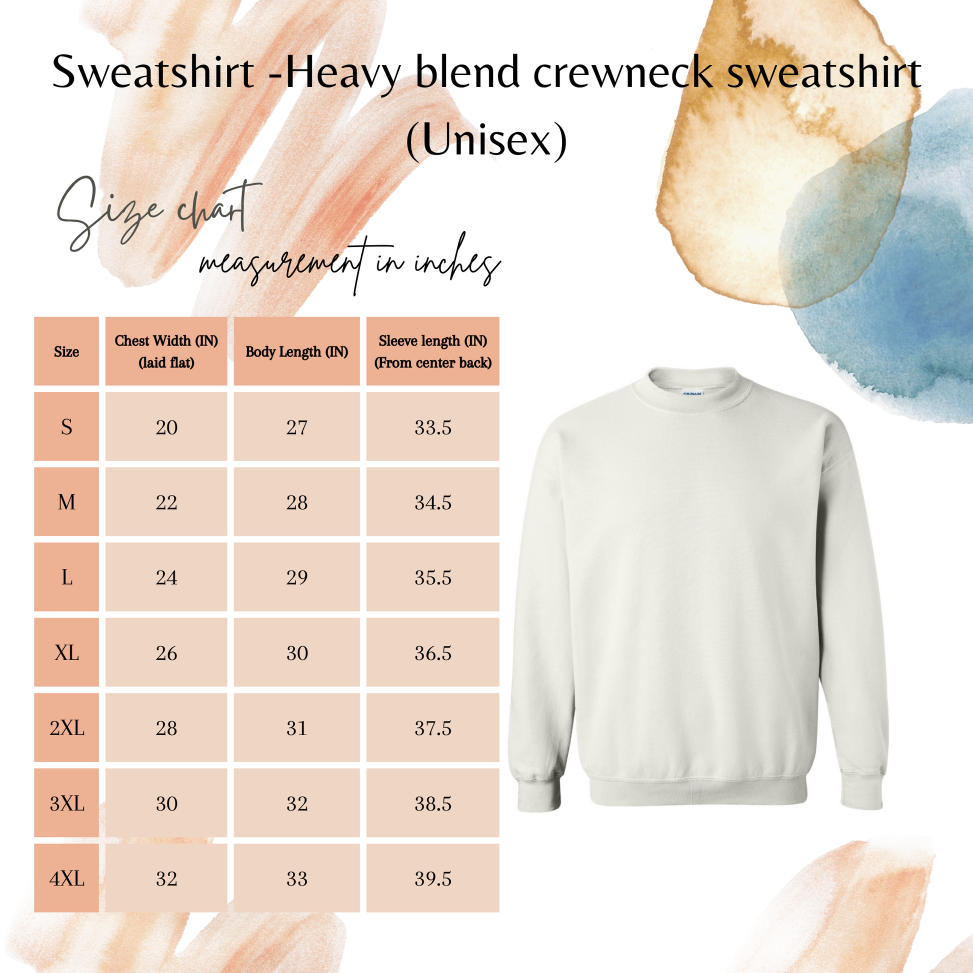 Crewneck size chart from size S through 4XL
