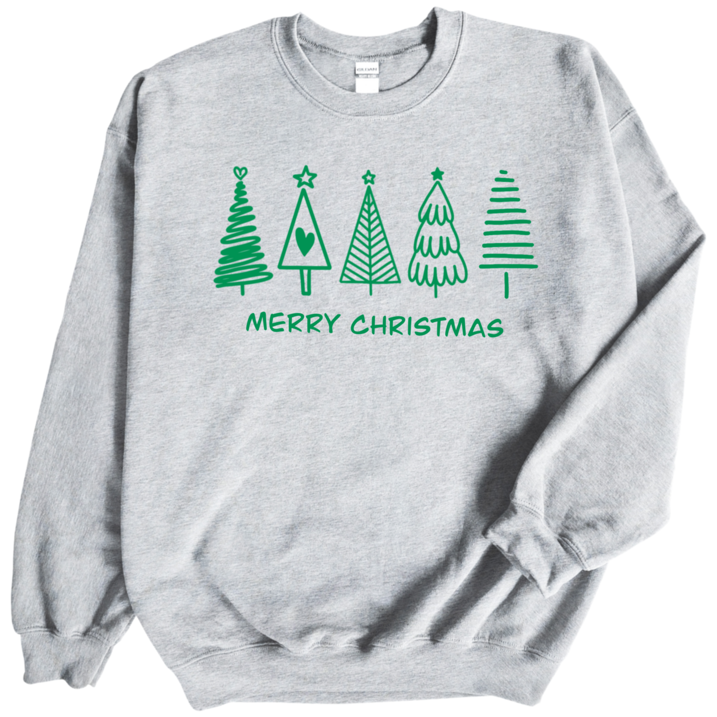 Christmas tree in green color print on Grey crewneck sweatshirt