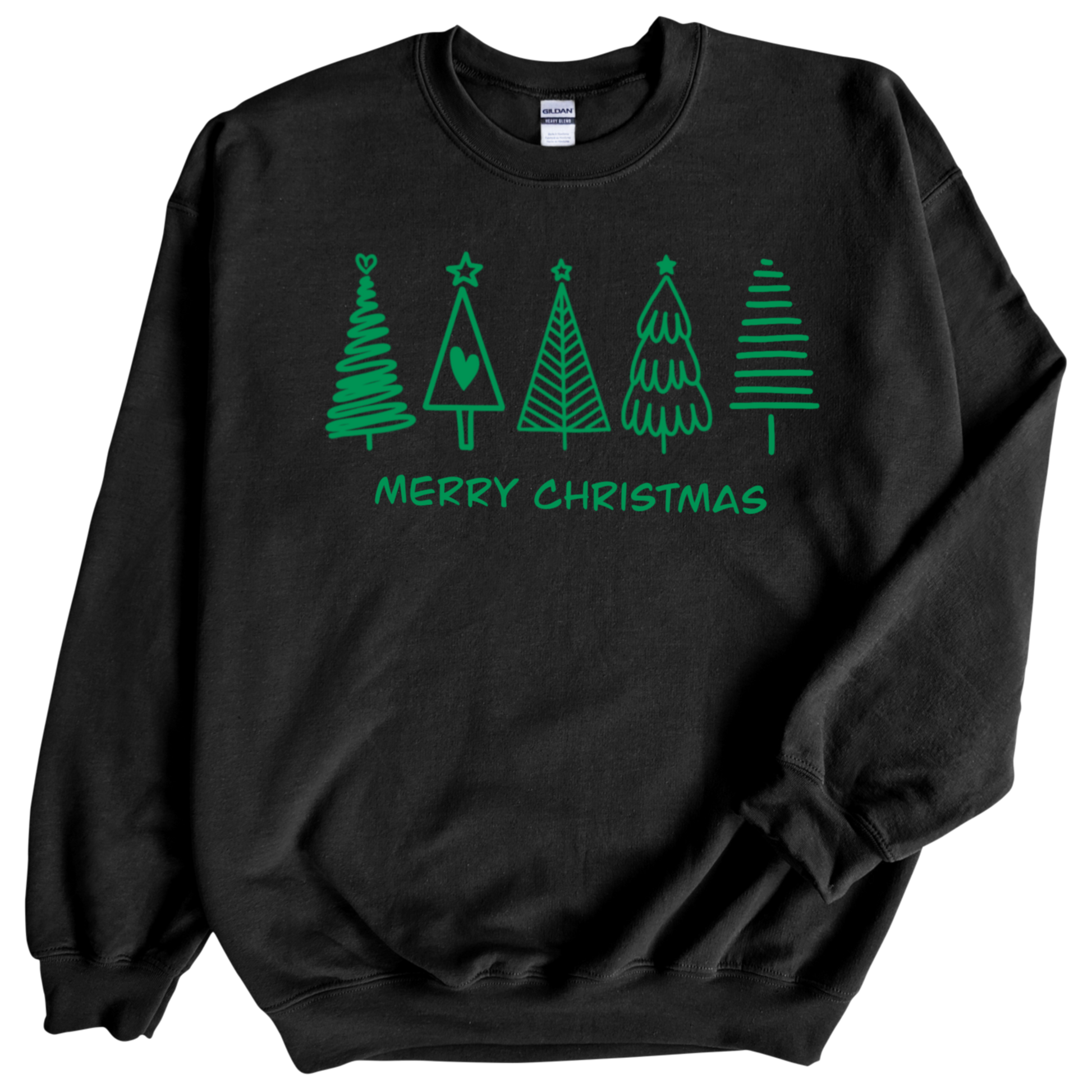 Christmas tree in green color print on Black crewneck sweatshirt