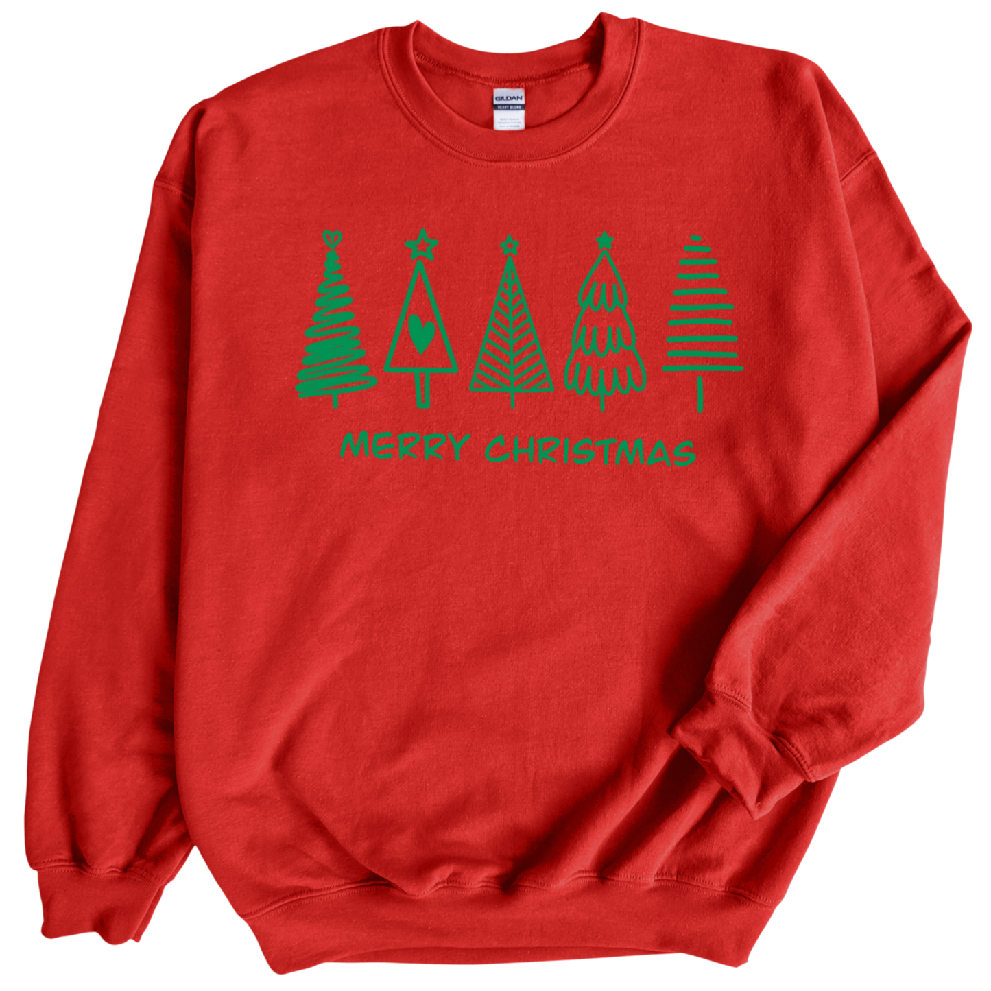Christmas tree in green color print on Red crewneck sweatshirt