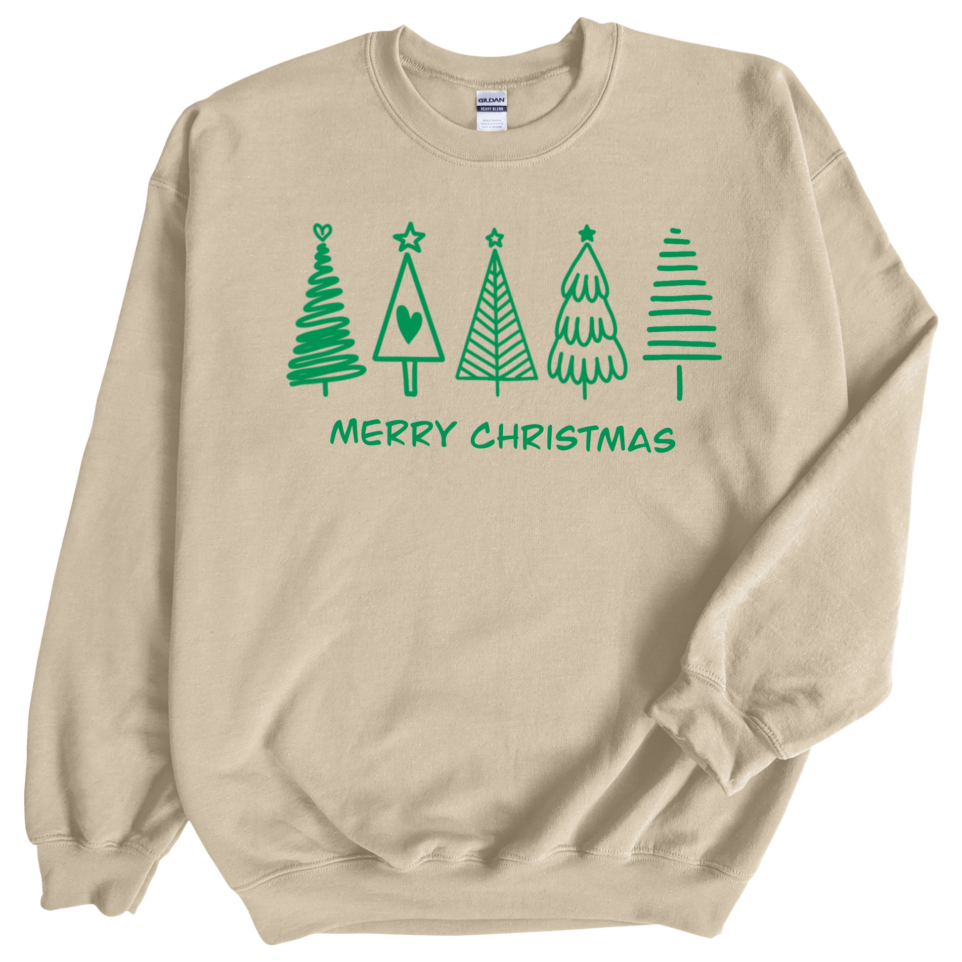 Christmas tree in green color print on Sand colored crewneck sweatshirt