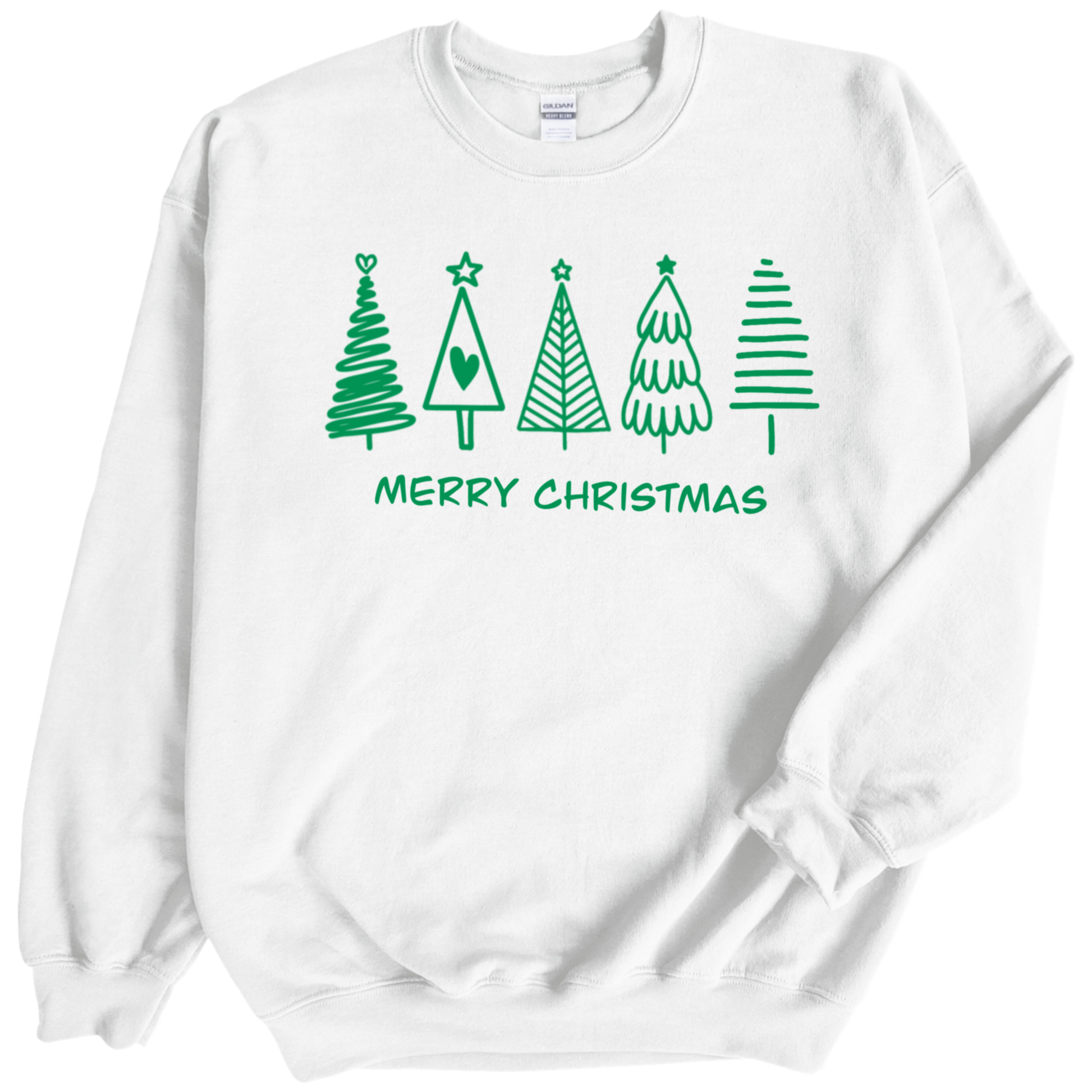 Christmas tree in green color print on White crewneck sweatshirt