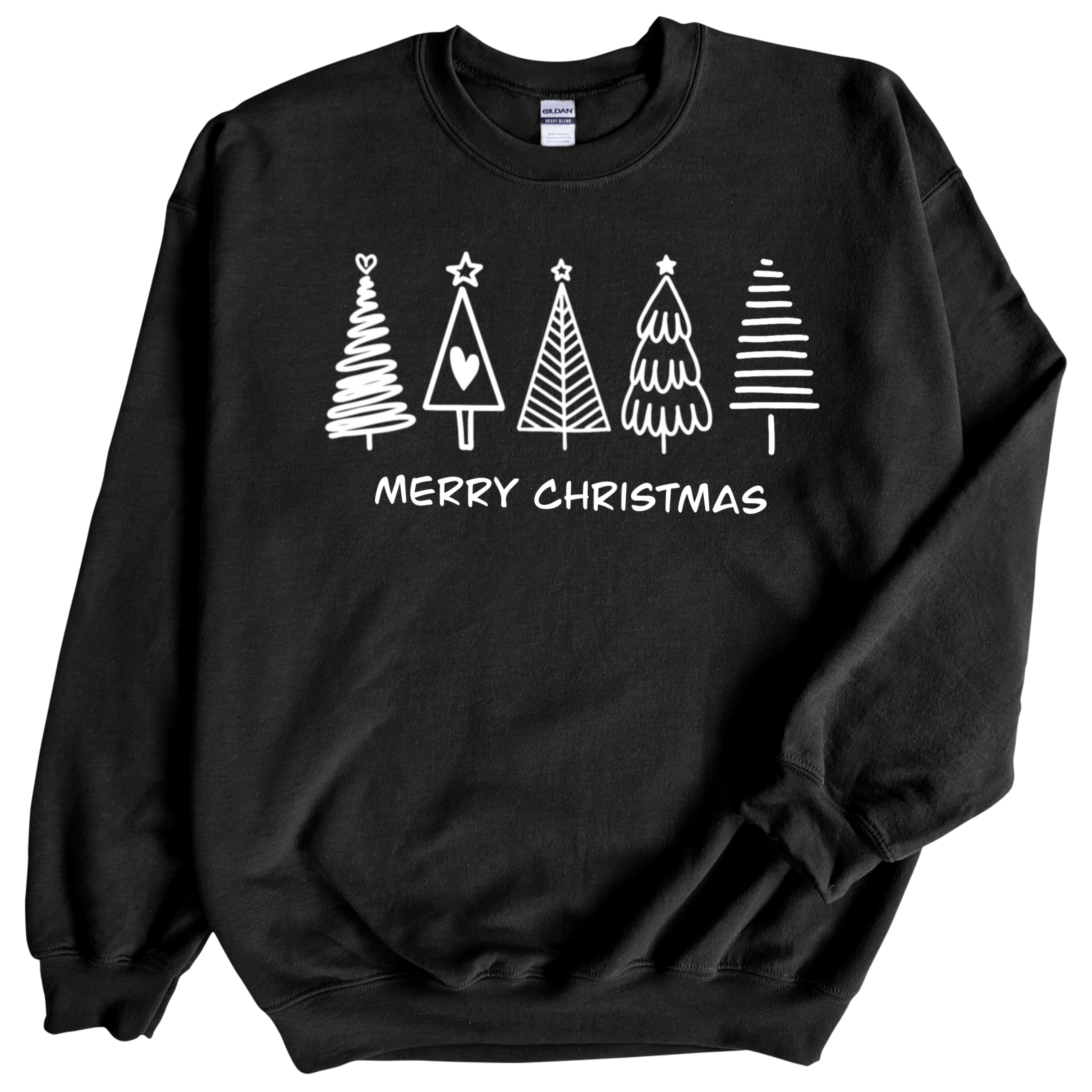 Christmas Trees in white print on Black Crewneck