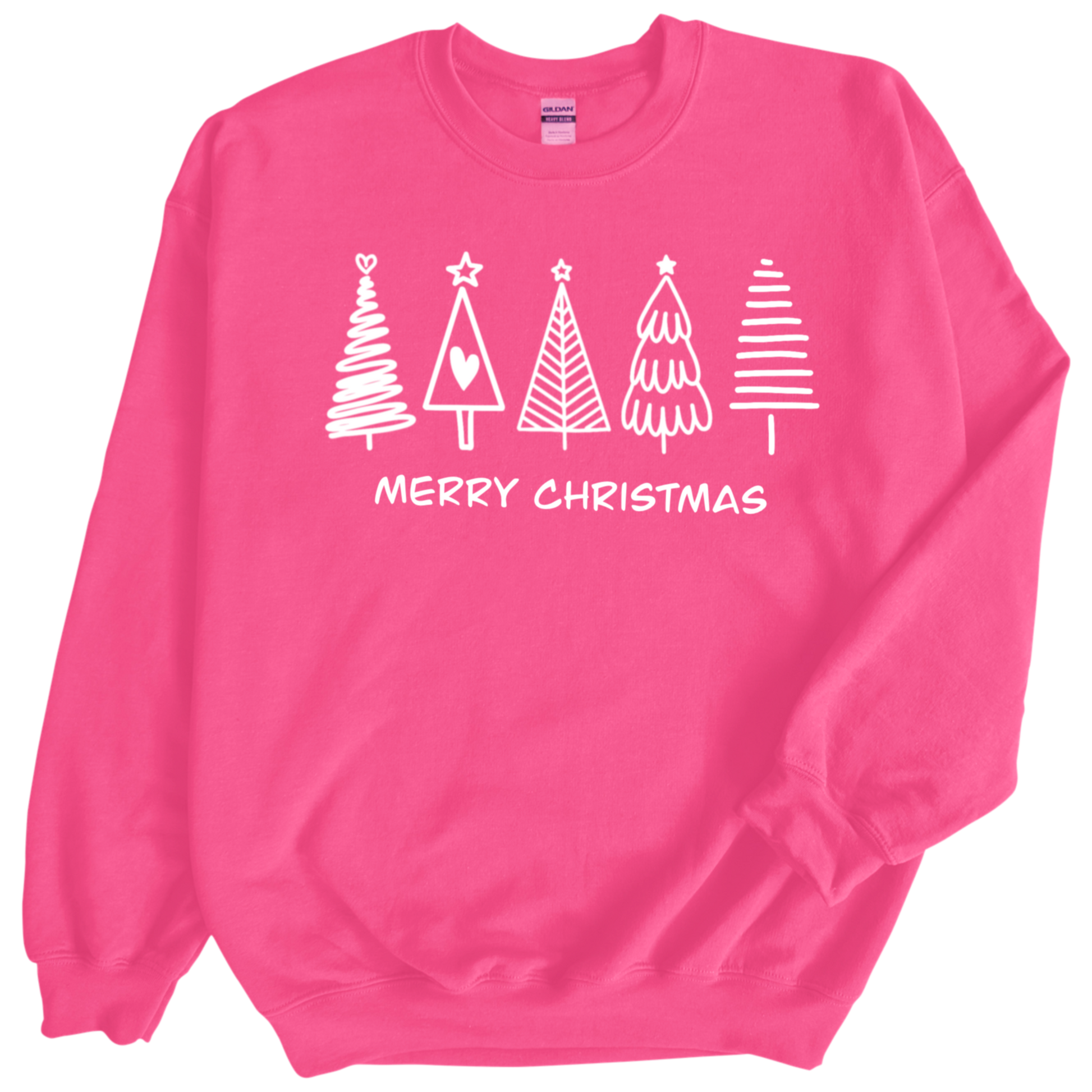 Christmas Trees in white print on Heliconia Crewneck