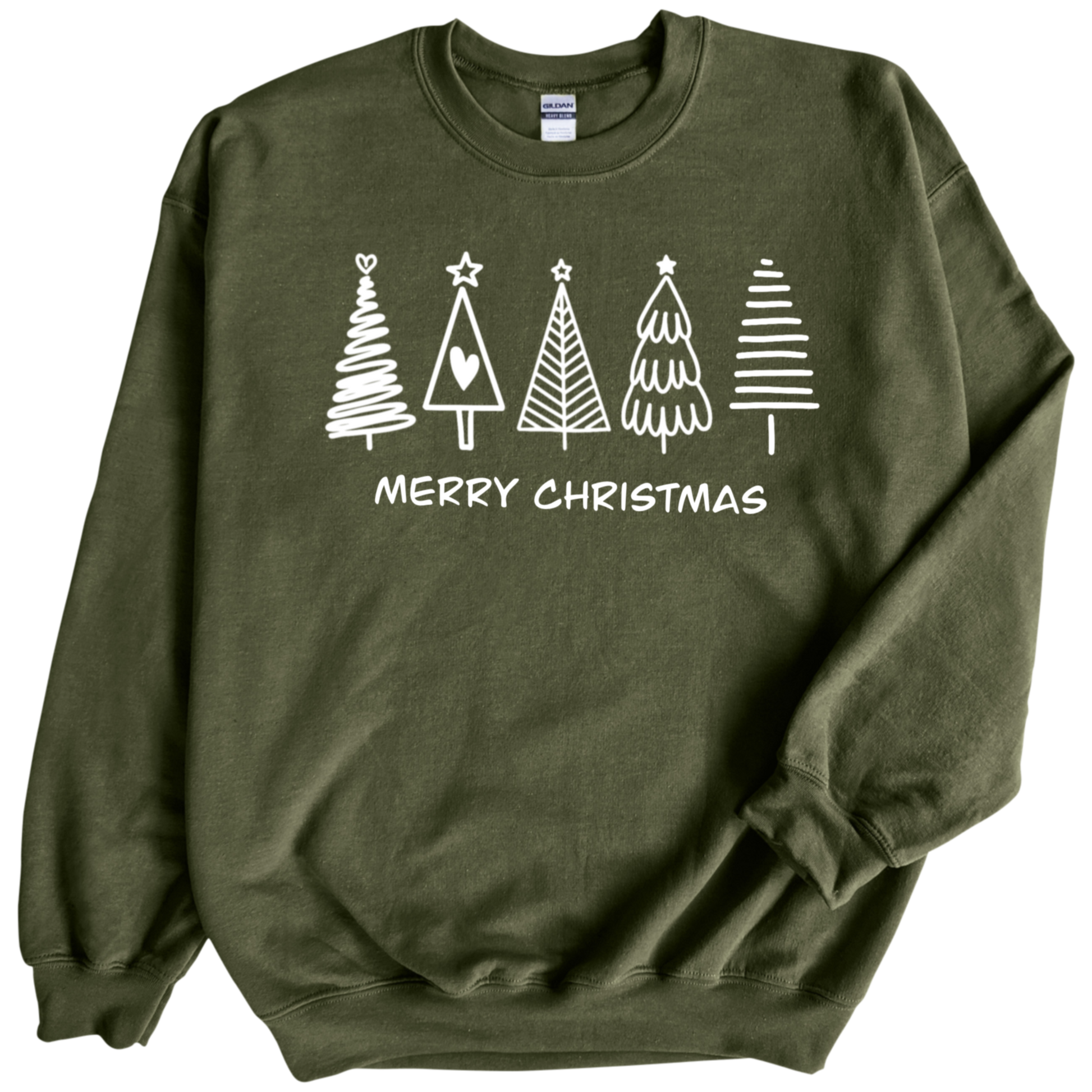 Christmas Trees in white print on Military Green Crewneck
