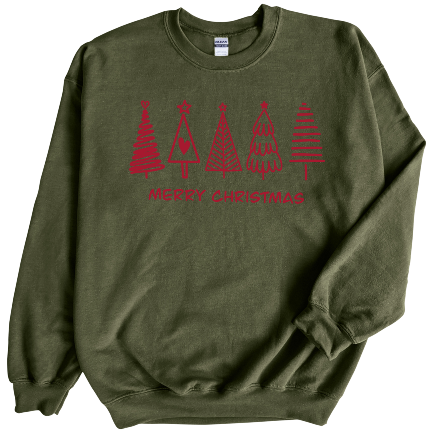Christmas Trees in Red print on Military Green Crewneck