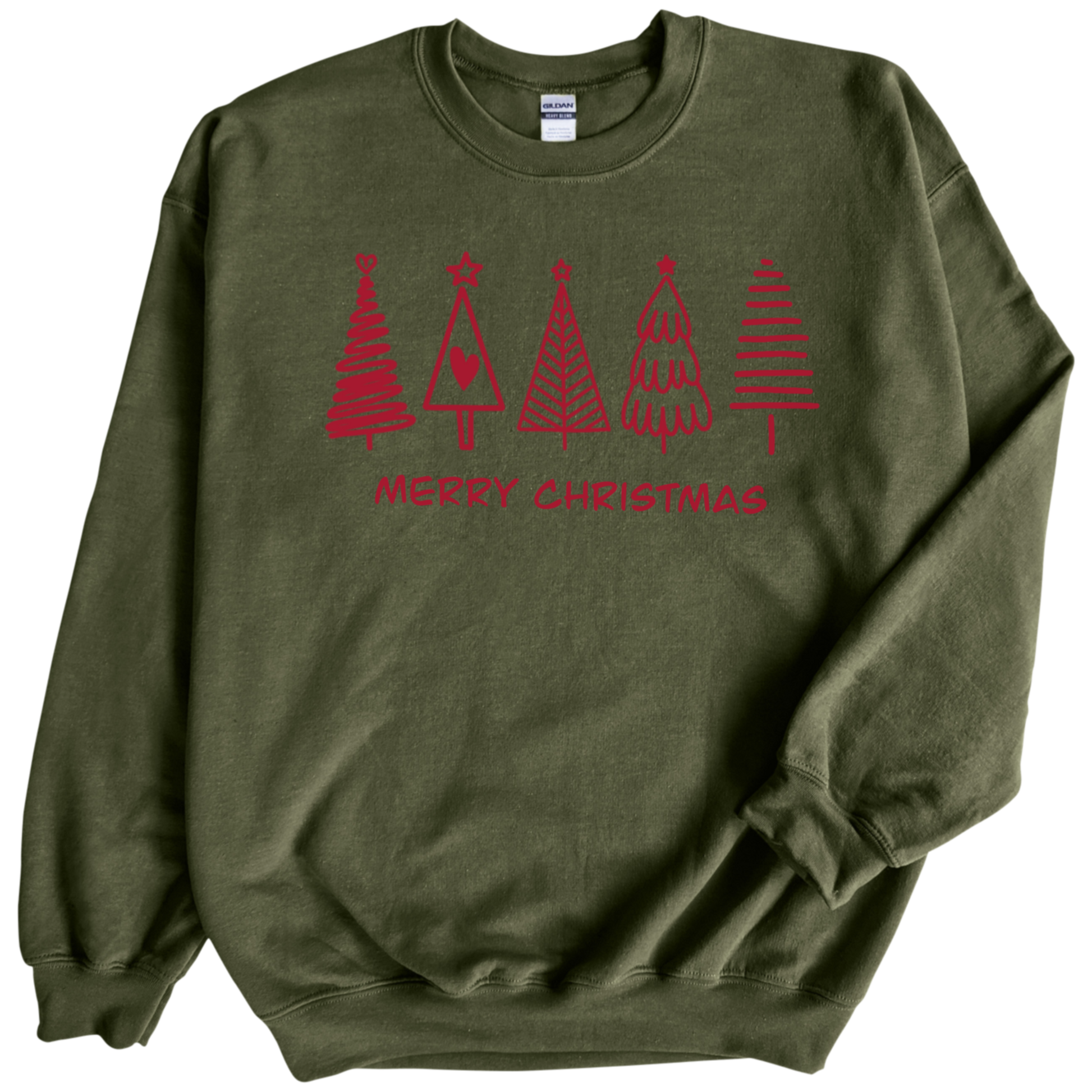 Christmas Trees in Red print on Military Green Crewneck