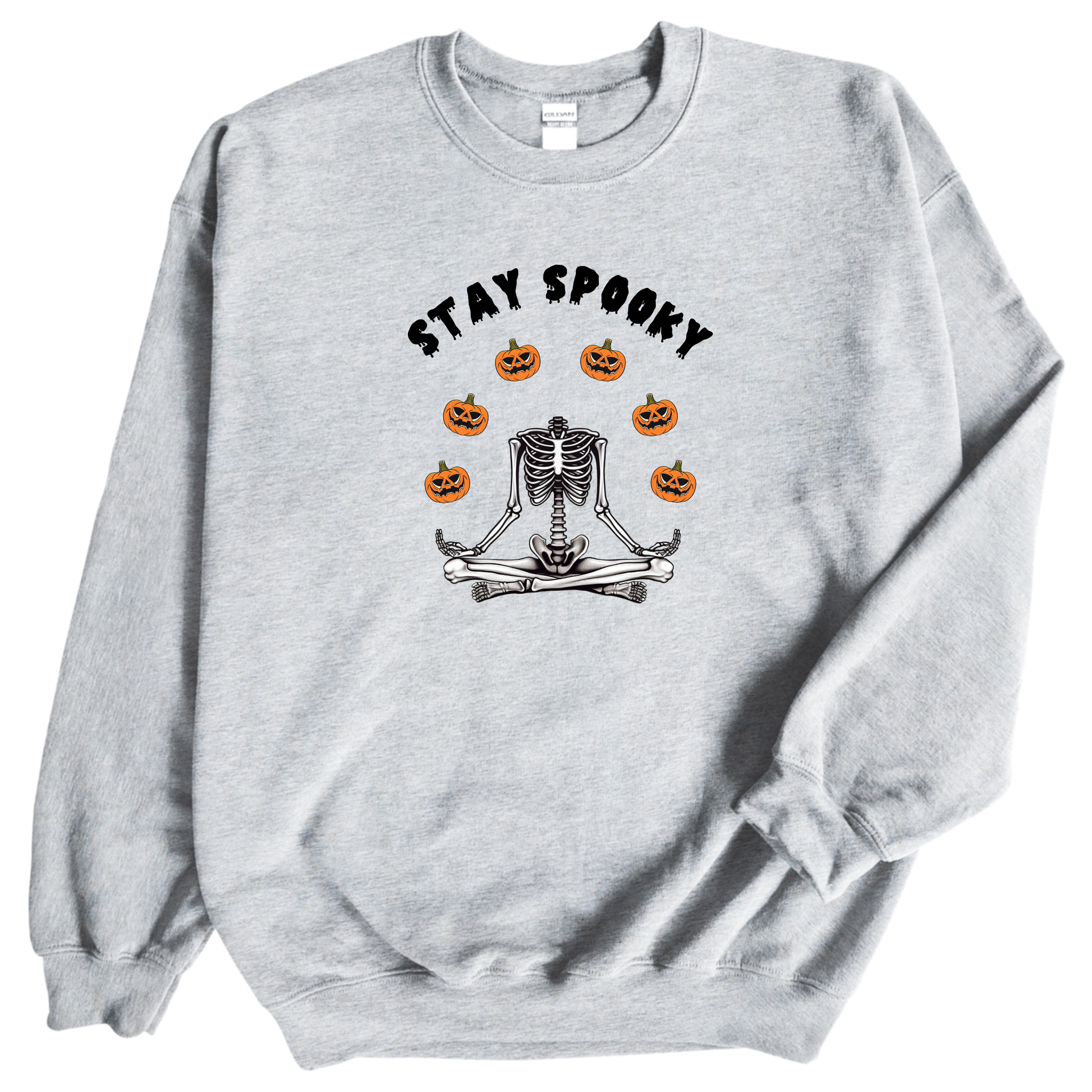 Skeleton yoga Halloween pumpkin print light grey crewneck