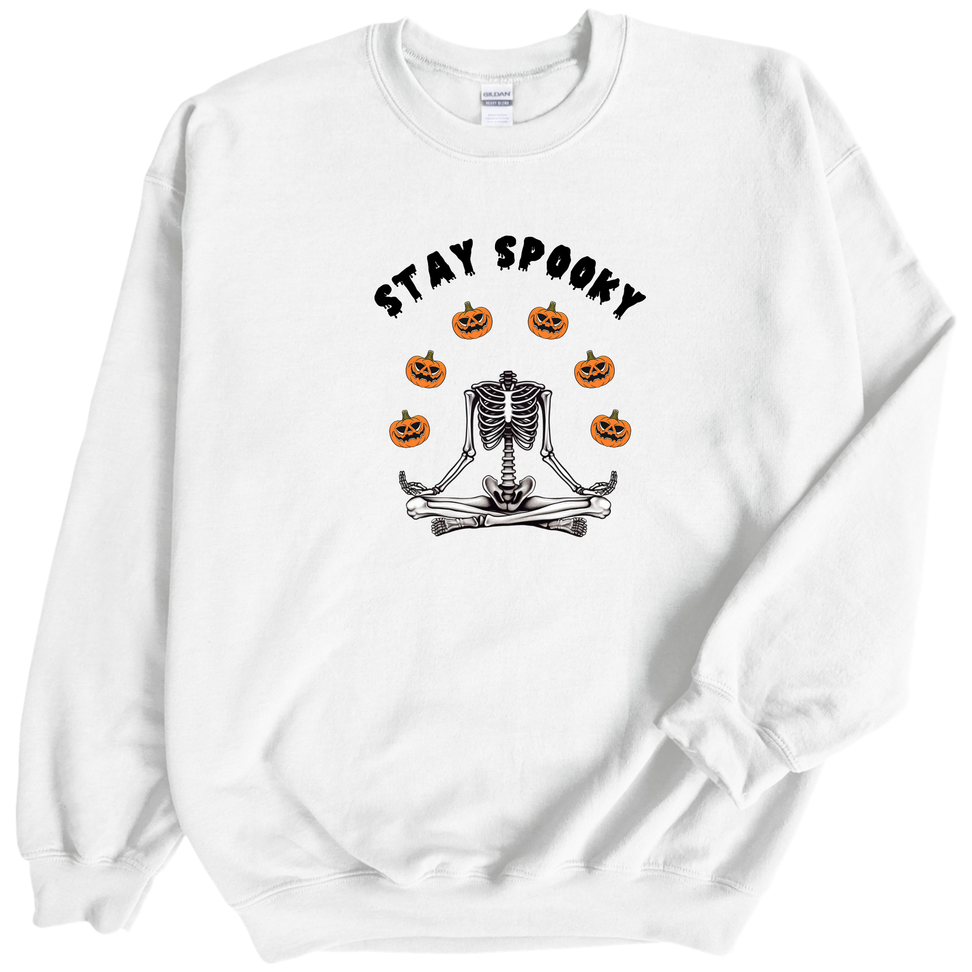 Skeleton yoga Halloween pumpkin print white crewneck