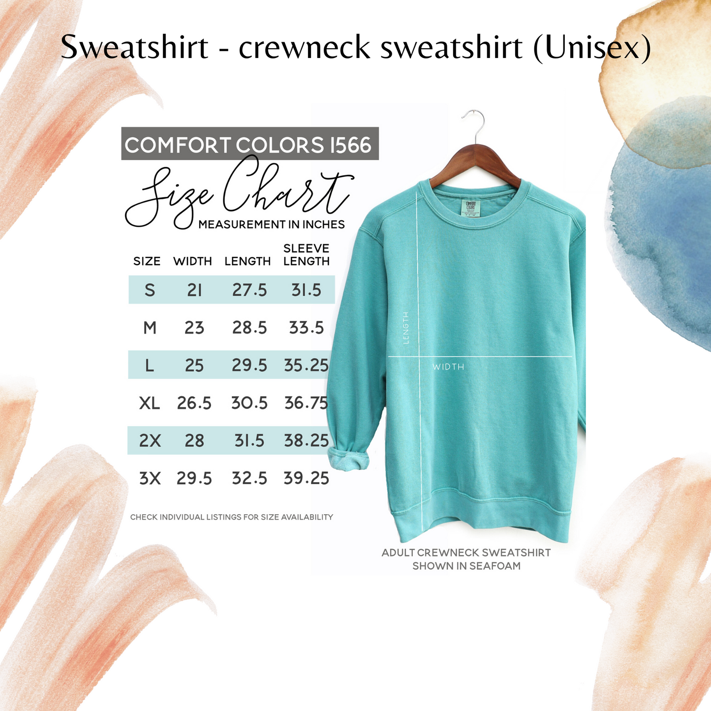 Size chart Comfort Colors Crewneck sweatshirt
