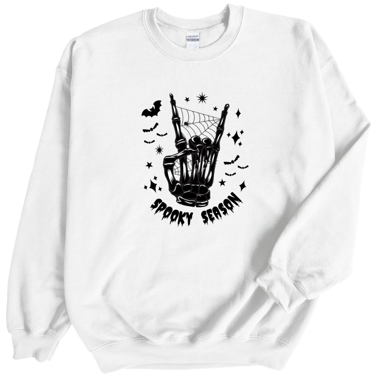 Halloween skeleton hand print on white crewneck