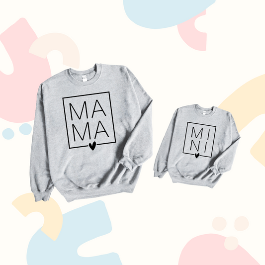 Mama and Mini print on crewneck sweatshirt in ash grey color